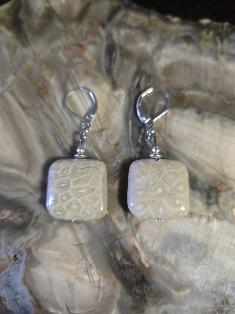 Artisan Beige Fossil Coral Square Earrings